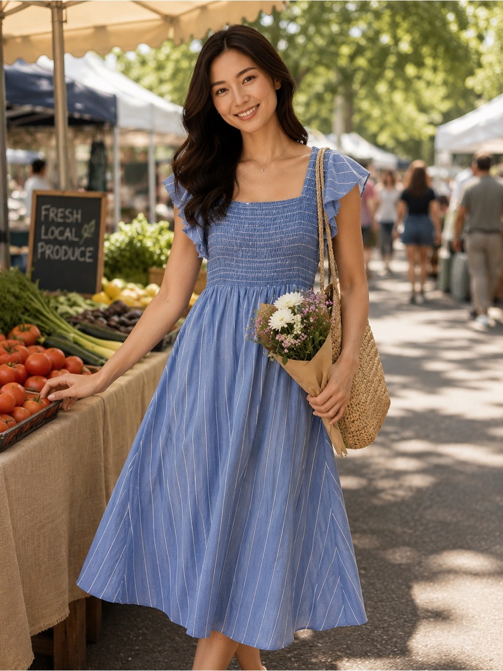 Cupshe Blue Striped Smocked Maxi Dress with Ruffle Sleeves
